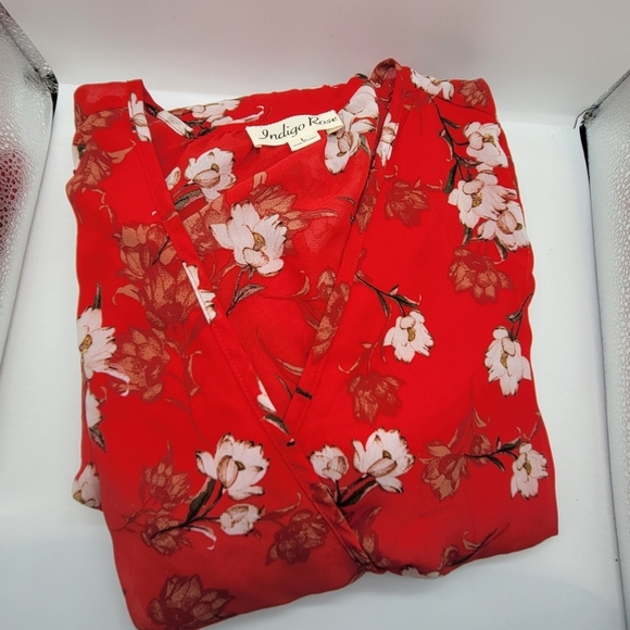 Indigo Rose Long Red/White Floral Dress Large Long Sleeves Flowy Lined V Neck - Picture 14 of 14